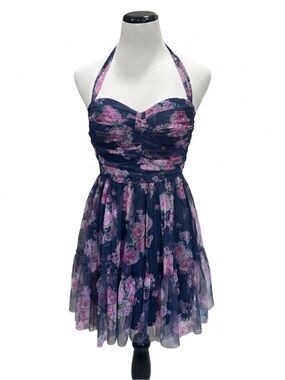 B. Darlin Navy Blue Pink Floral Mesh Halter Ruched Cocktail Dress Size 9/10